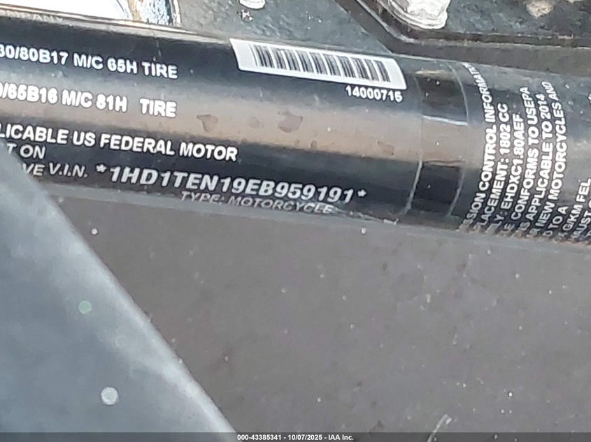 2014 Harley-Davidson Flhtkse Cvo Limited VIN: 1HD1TEN19EB959191 Lot: 43385341