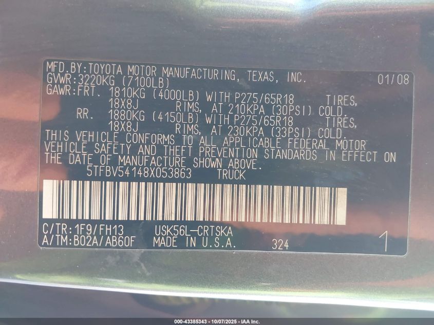 2008 Toyota Tundra Sr5 5.7L V8 VIN: 5TFBV54148X053863 Lot: 43385343