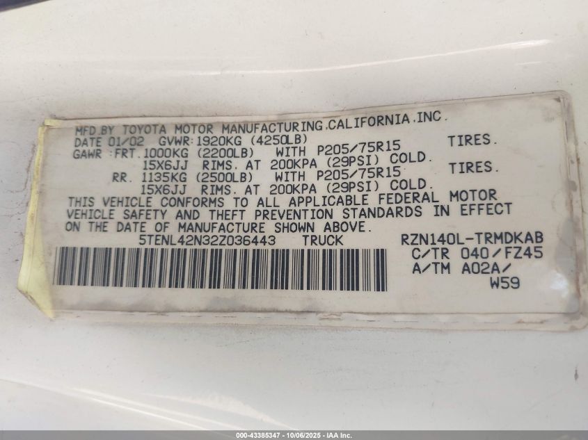 2002 Toyota Tacoma VIN: 5TENL42N32Z036443 Lot: 43385347