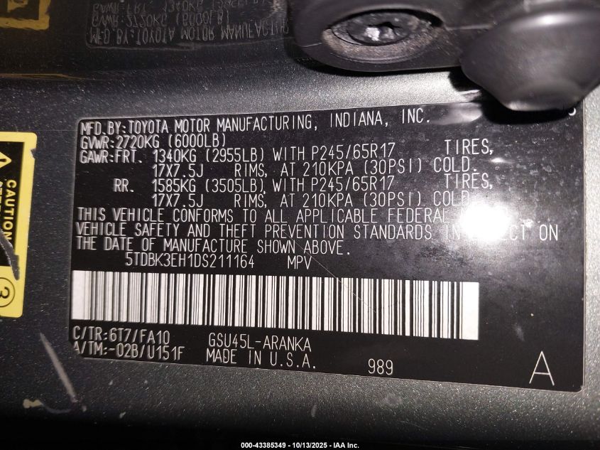 2013 Toyota Highlander Base Plus V6 VIN: 5TDBK3EH1DS211164 Lot: 43385349