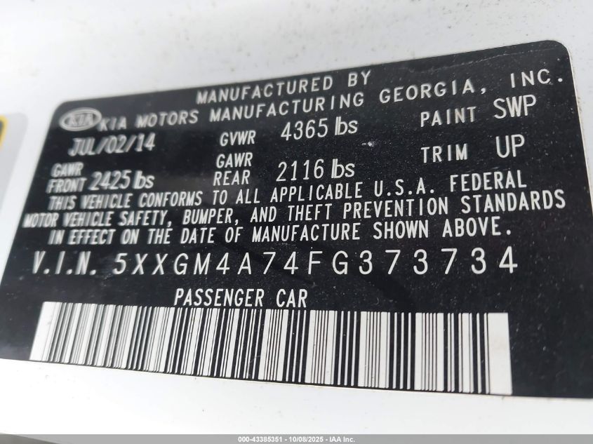 2015 Kia Optima Lx VIN: 5XXGM4A74FG373734 Lot: 43385351