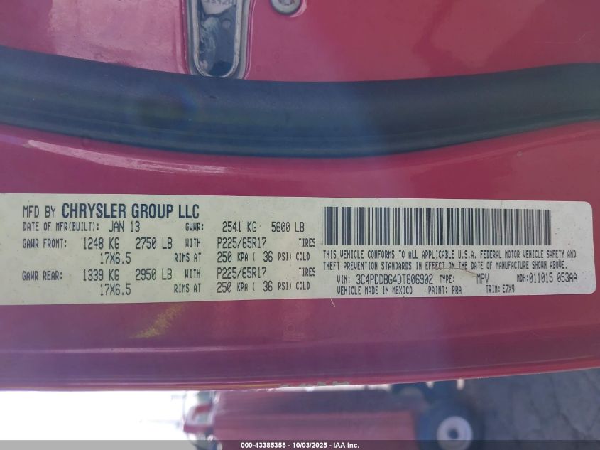 2013 Dodge Journey Sxt VIN: 3C4PDDBG4DT606902 Lot: 43385355