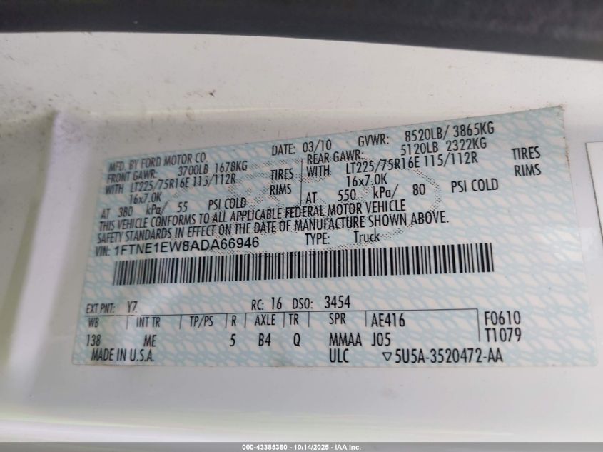 2010 Ford E-150 Commercial/Recreational VIN: 1FTNE1EW8ADA66946 Lot: 43385360