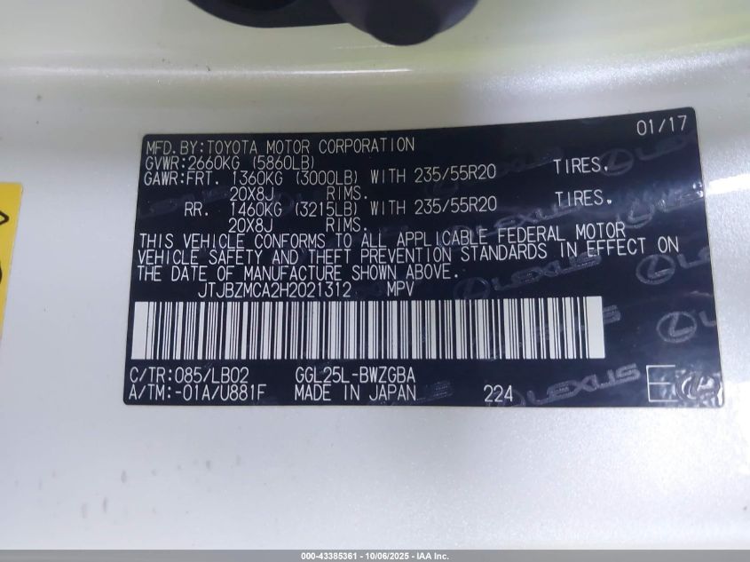 2017 Lexus Rx 350 VIN: JTJBZMCA2H2021312 Lot: 43385361