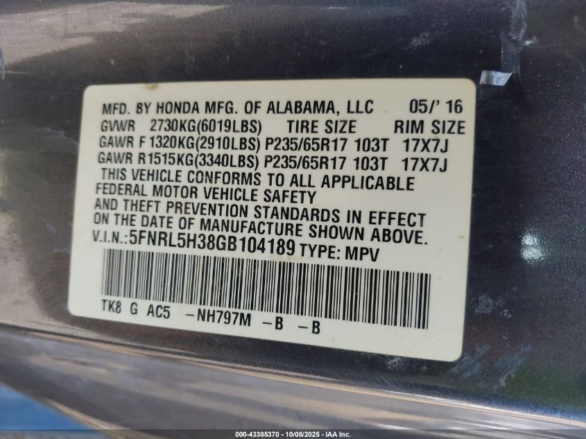 2016 Honda Odyssey Se VIN: 5FNRL5H38GB104189 Lot: 43385370