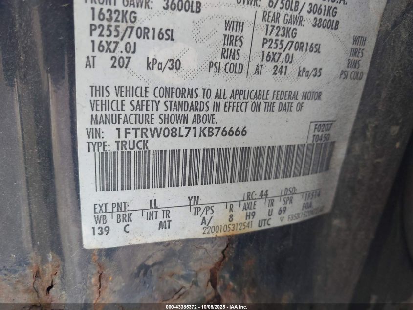2001 Ford F-150 King Ranch Edition/Lariat/Xlt VIN: 1FTRW08L71KB76666 Lot: 43385372