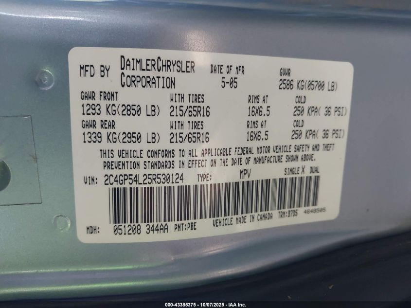 2005 Chrysler Town & Country Touring VIN: 2C4GP54L25R530124 Lot: 43385375