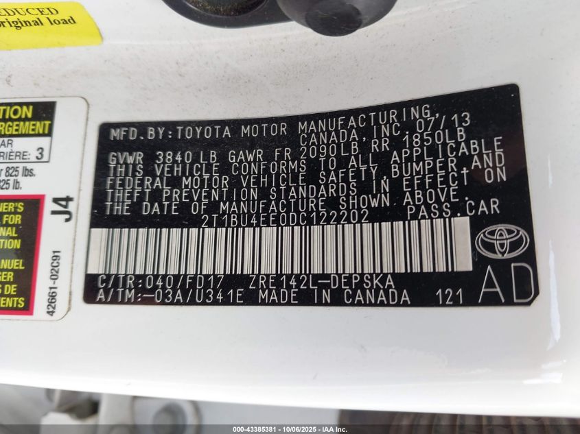 2013 Toyota Corolla S VIN: 2T1BU4EE0DC122202 Lot: 43385381