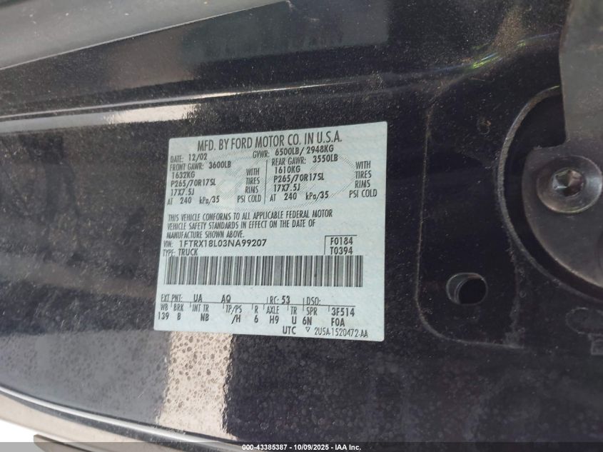 2003 Ford F-150 Lariat/Xl/Xlt VIN: 1FTRX18L03NA99207 Lot: 43385387