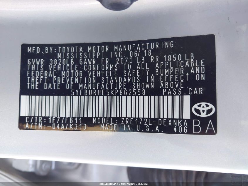 2019 Toyota Corolla Le VIN: 5YFBURHE5KP862558 Lot: 43385413