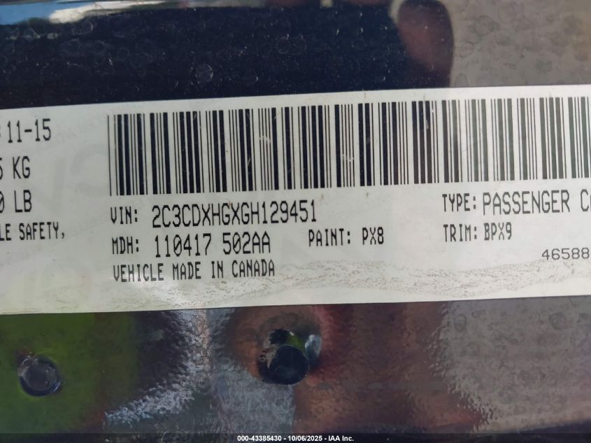 2016 Dodge Charger Sxt VIN: 2C3CDXHGXGH129451 Lot: 43385430