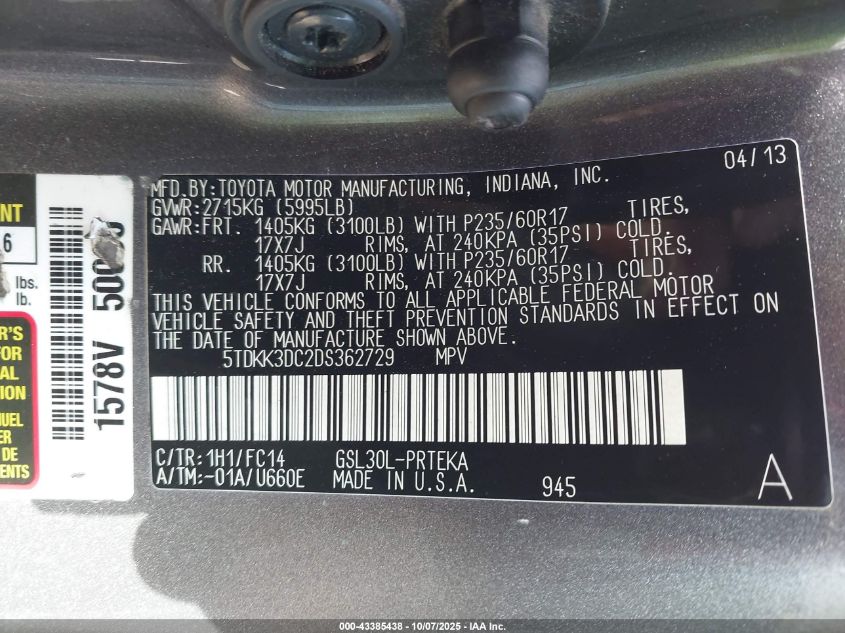 2013 Toyota Sienna Le V6 8 Passenger VIN: 5TDKK3DC2DS362729 Lot: 43385438