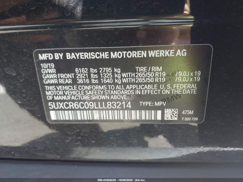 2020 BMW X5 xDrive40I VIN: 5UXCR6C09LLL83214 Lot: 43385439