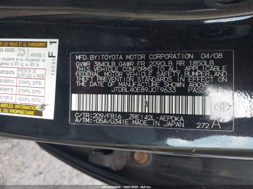 2009 Toyota Corolla VIN: JTDBL40E89J019633 Lot: 43385440