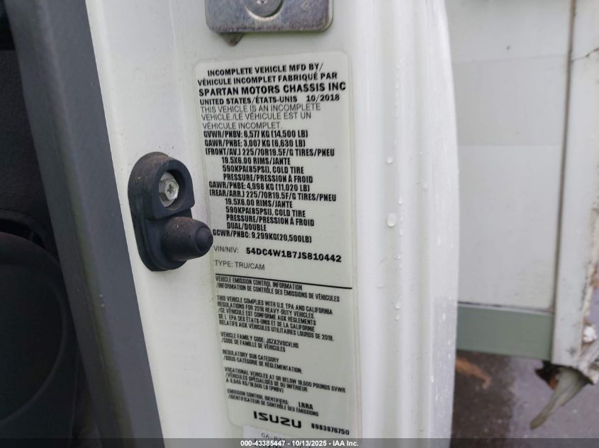 2018 Isuzu Npr Hd VIN: 54DC4W1B7JS810442 Lot: 43385447