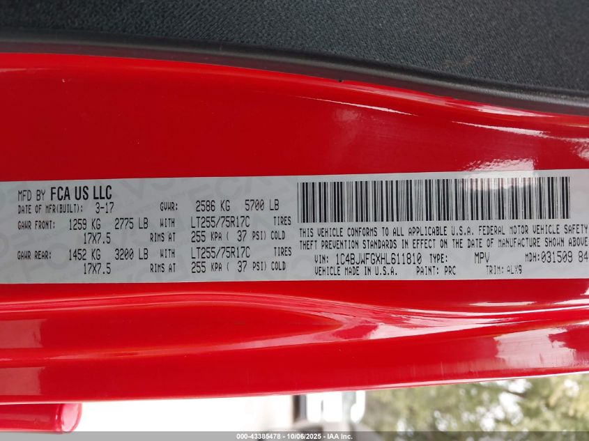 2017 Jeep Wrangler Unlimited Rubicon 4X4 VIN: 1C4BJWFGXHL611810 Lot: 43385478