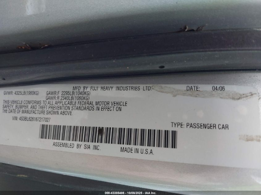 2006 Subaru Legacy 2.5I VIN: 4S3BL626167217027 Lot: 43385486