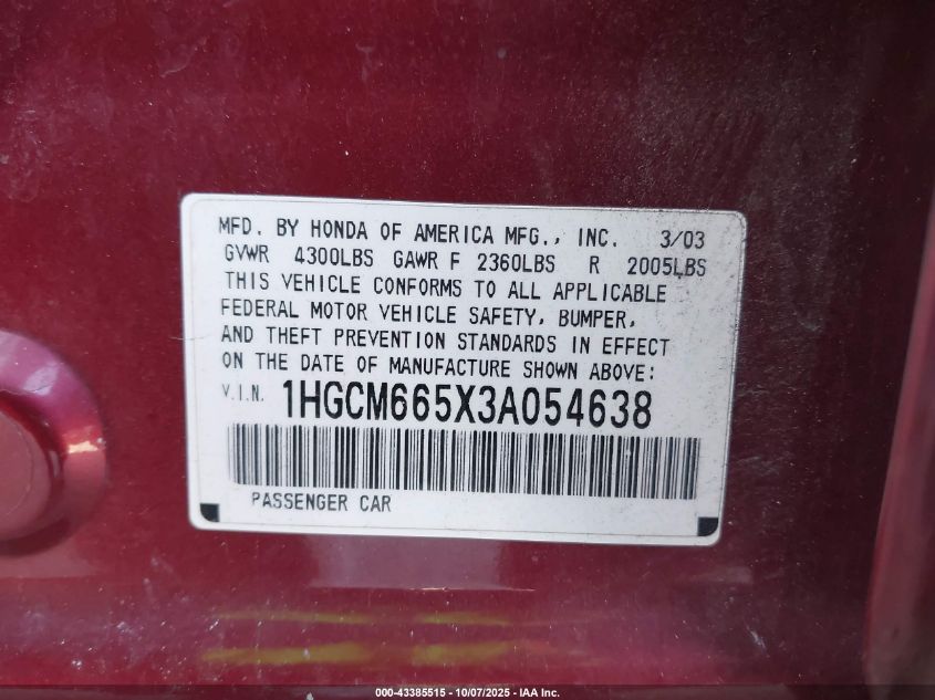2003 Honda Accord 3.0 Ex VIN: 1HGCM665X3A054638 Lot: 43385515