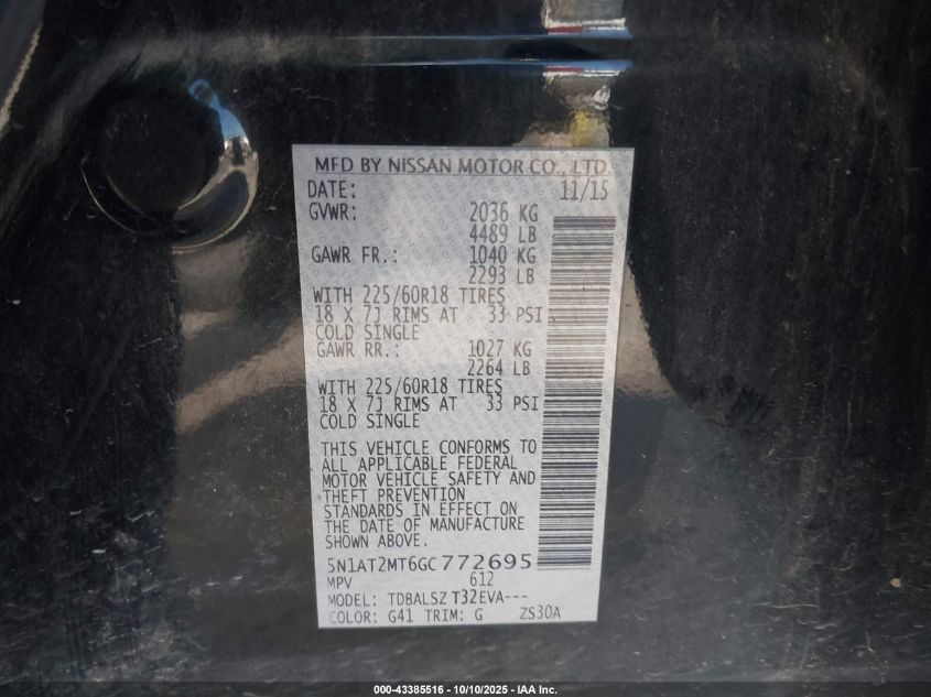 2016 Nissan Rogue Sl VIN: 5N1AT2MT6GC772695 Lot: 43385516