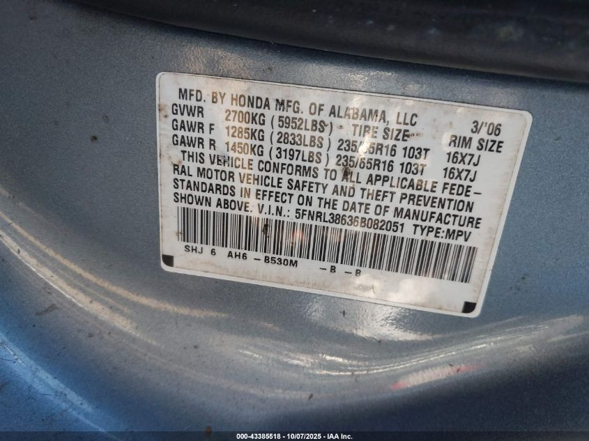 2006 Honda Odyssey Ex-L VIN: 5FNRL38636B082051 Lot: 43385518