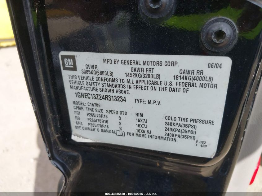 2004 Chevrolet Tahoe Ls VIN: 1GNEC13Z24R313234 Lot: 43385520