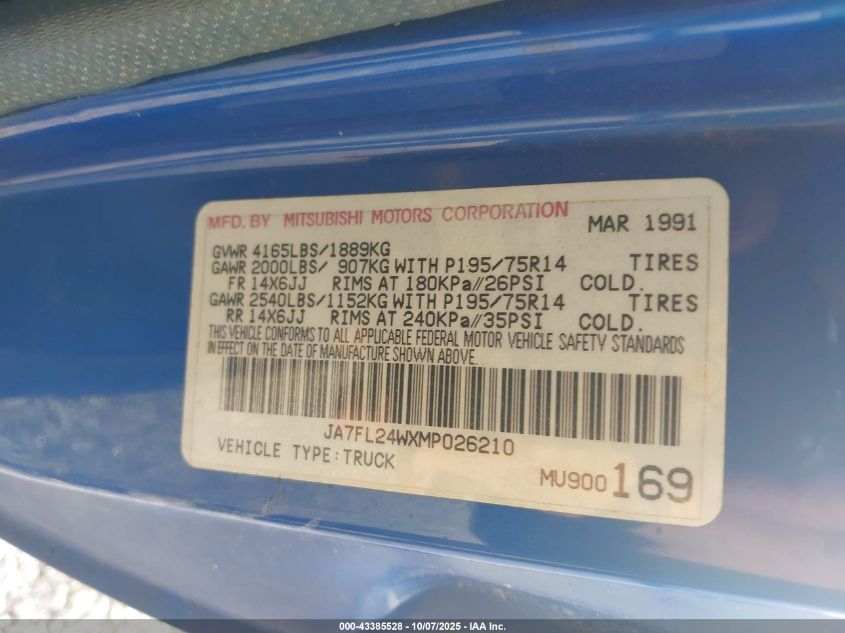 1991 Mitsubishi Mighty Max / S VIN: JA7FL24WXMP026210 Lot: 43385528