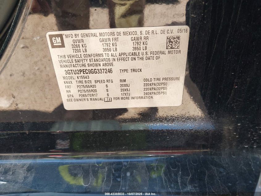 2016 GMC Sierra 1500 Denali VIN: 3GTU2PEC9GG337246 Lot: 43385533