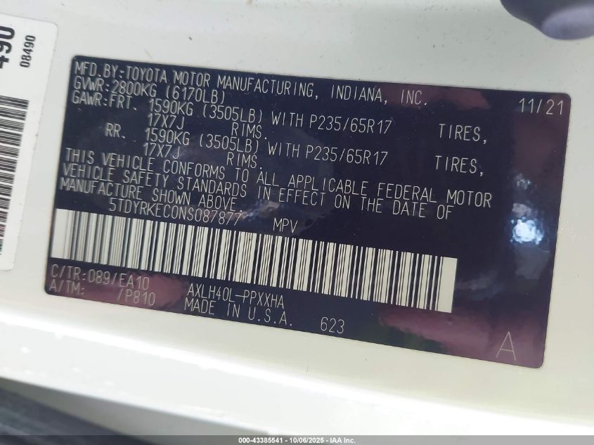 2022 Toyota Sienna Xle VIN: 5TDYRKEC0NS087877 Lot: 43385541