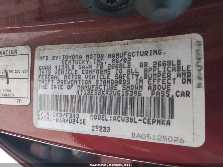 2002 Toyota Camry Le VIN: 4T1BE32KX2U615396 Lot: 43385546