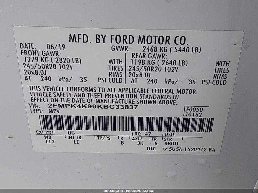 2019 Ford Edge Titanium VIN: 2FMPK4K90KBC33837 Lot: 43385563