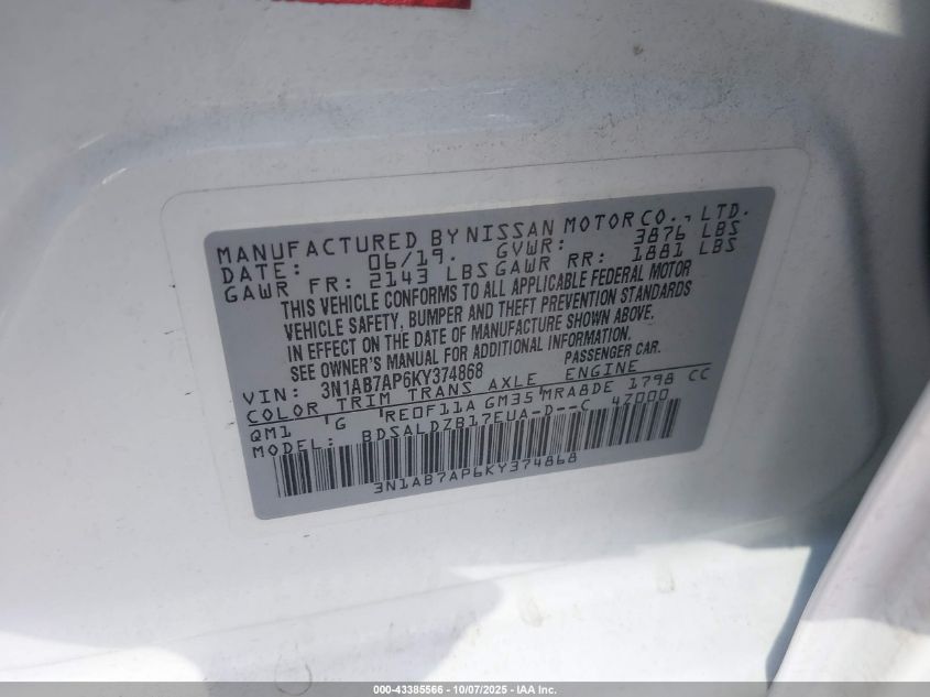 2019 Nissan Sentra Sv VIN: 3N1AB7AP6KY374868 Lot: 43385566