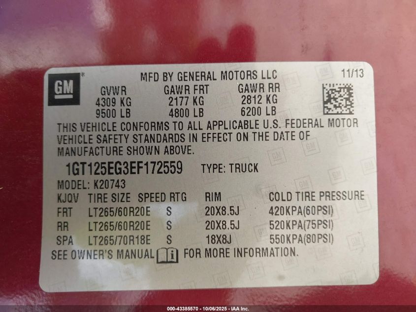 2014 GMC Sierra 2500Hd Denali VIN: 1GT125EG3EF172559 Lot: 43385570