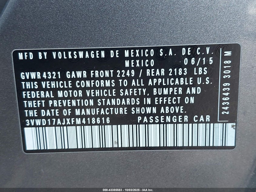 2015 VOLKSWAGEN JETTA 1.8T SPORT - 3VWD17AJXFM418616