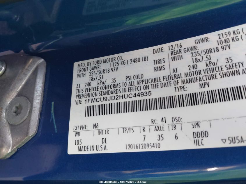 2017 Ford Escape Titanium VIN: 1FMCU9JD2HUC44935 Lot: 43385586