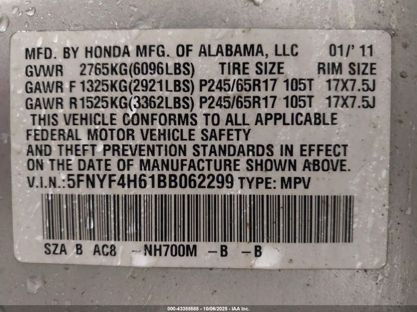 2011 Honda Pilot Ex-L VIN: 5FNYF4H61BB062299 Lot: 43385588