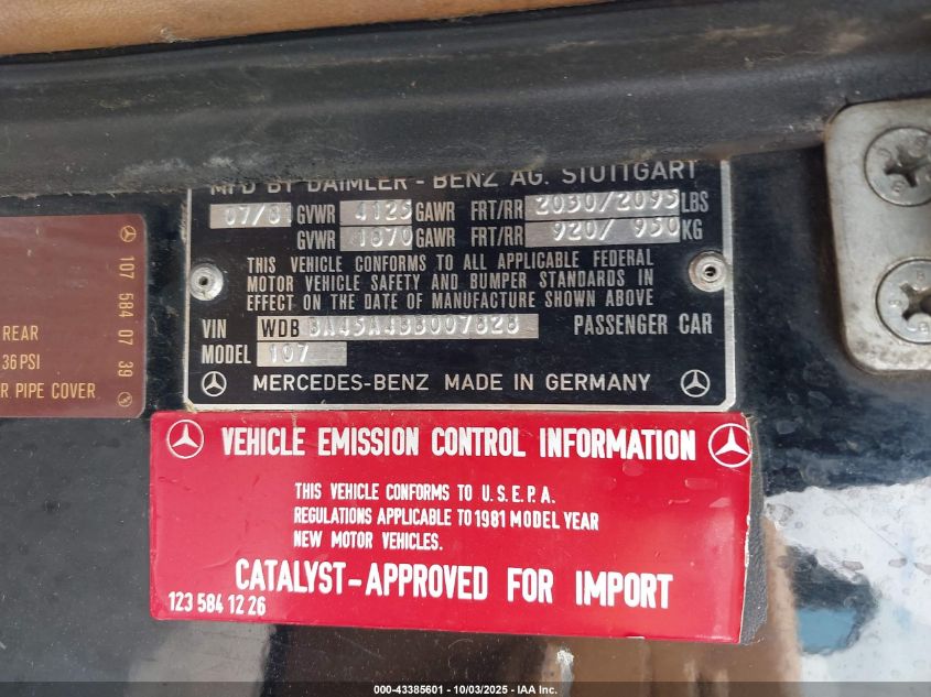 1981 Mercedes-Benz 380 Sl VIN: WDBBA45A4BB007828 Lot: 43385601