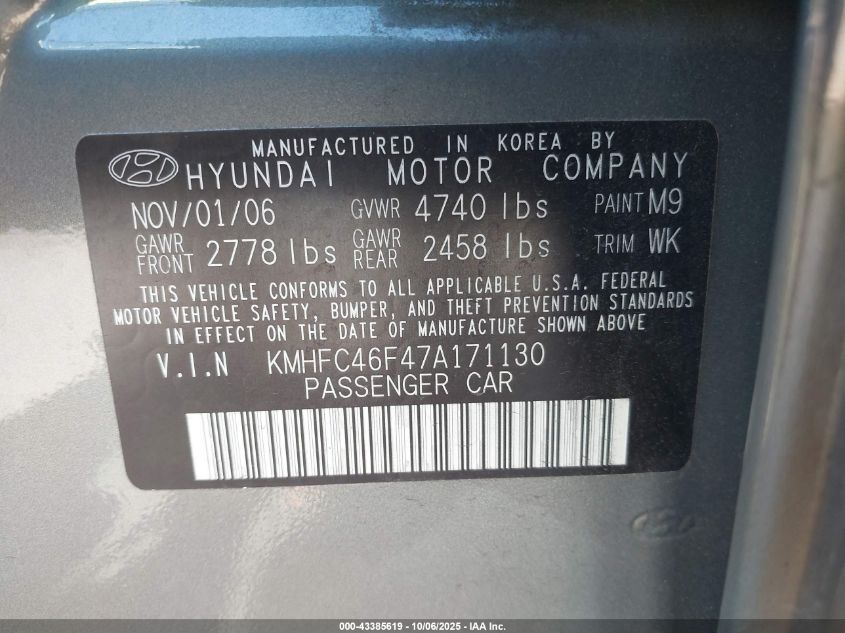 2007 Hyundai Azera Limited/Se VIN: KMHFC46F47A171130 Lot: 43385619