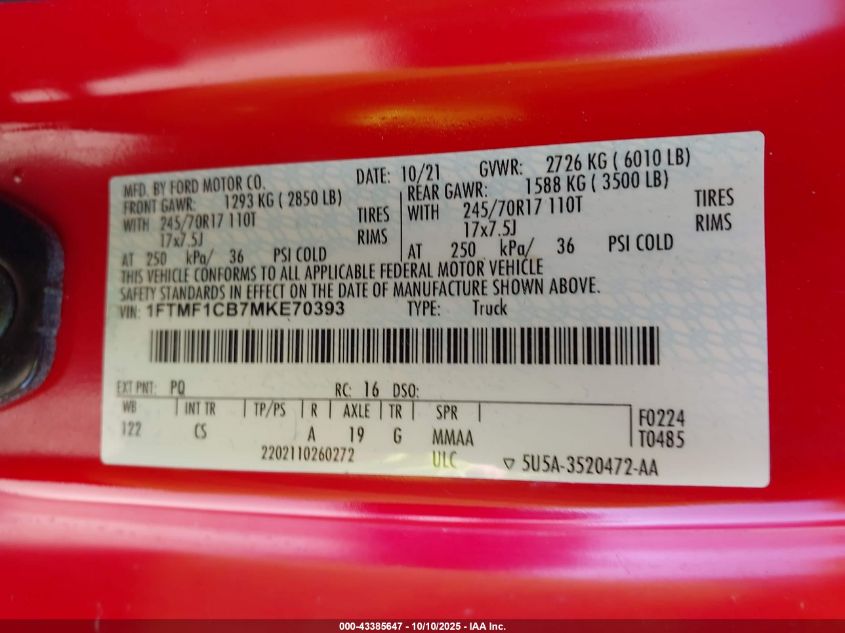 2021 Ford F-150 Xl VIN: 1FTMF1CB7MKE70393 Lot: 43385647