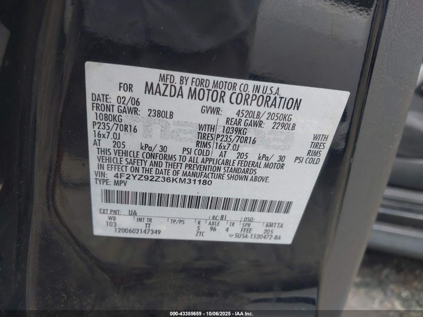2006 Mazda Tribute I VIN: 4F2YZ92Z36KM31180 Lot: 43385659