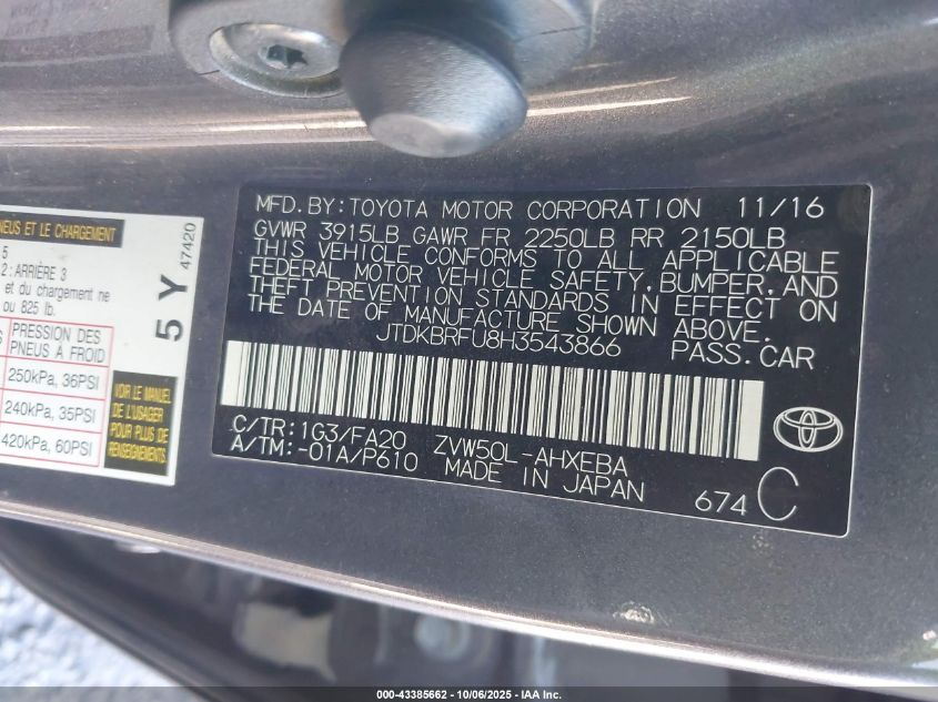 2017 Toyota Prius Two VIN: JTDKBRFU8H3543866 Lot: 43385662