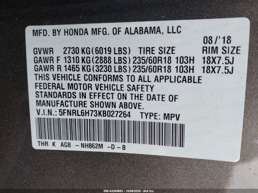 2019 Honda Odyssey Ex-L VIN: 5FNRL6H73KB027264 Lot: 43385663