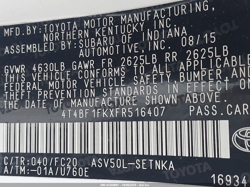 2015 Toyota Camry Le VIN: 4T4BF1FKXFR516407 Lot: 43385667