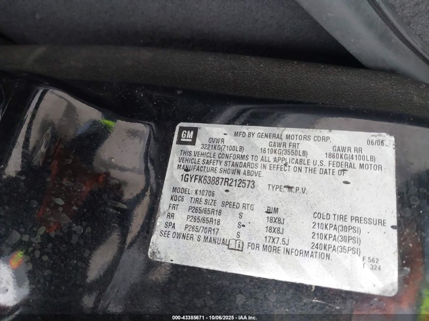 2007 Cadillac Escalade Standard VIN: 1GYFK63887R212573 Lot: 43385671
