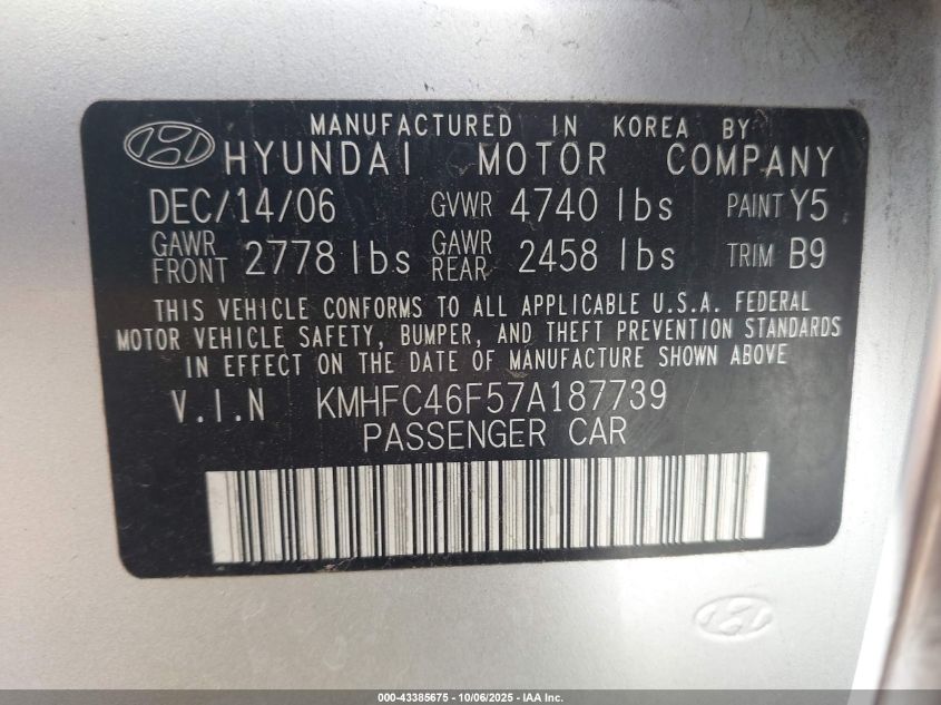 2007 Hyundai Azera Limited/Se VIN: KMHFC46F57A187739 Lot: 43385675