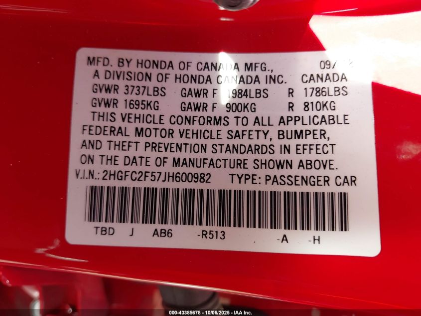 2018 Honda Civic Lx VIN: 2HGFC2F57JH600982 Lot: 43385678