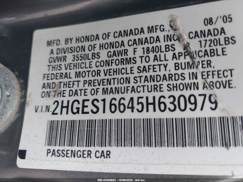 2005 Honda Civic Lx VIN: 2HGES16645H630979 Lot: 43385682