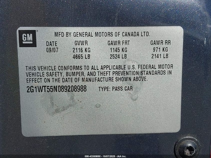 2008 Chevrolet Impala Lt VIN: 2G1WT55N089208988 Lot: 43385690