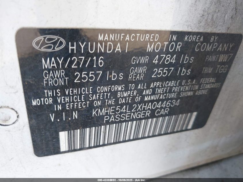 2017 Hyundai Sonata Plug-In Hybrid Limited VIN: KMHE54L2XHA044634 Lot: 43385693
