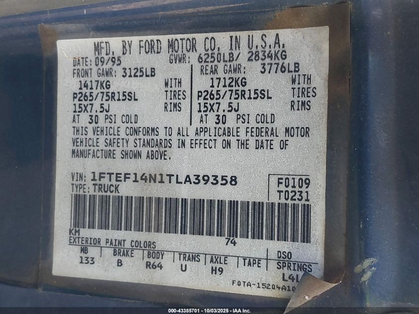 1996 Ford F150 VIN: 1FTEF14N1TLA39358 Lot: 43385701