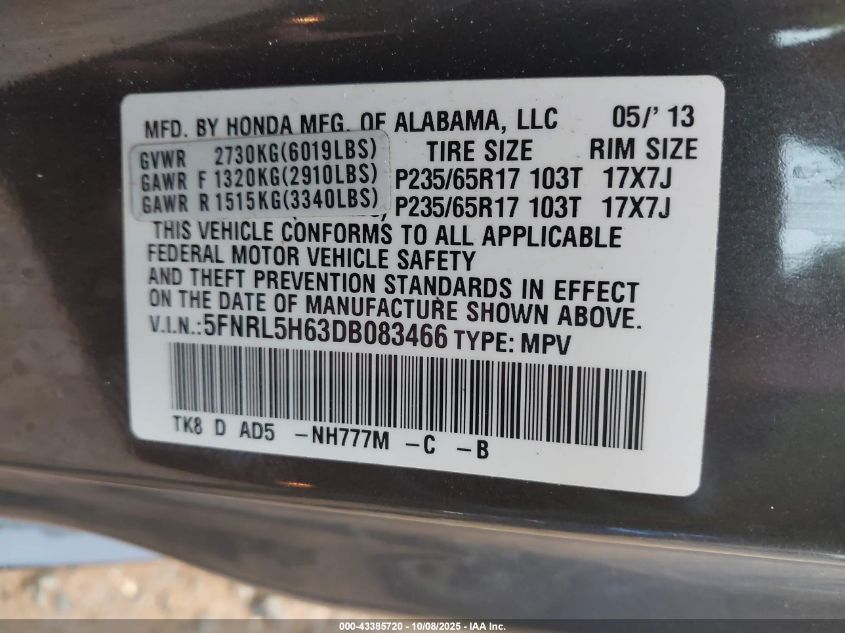 2013 Honda Odyssey Ex-L VIN: 5FNRL5H63DB083466 Lot: 43385720